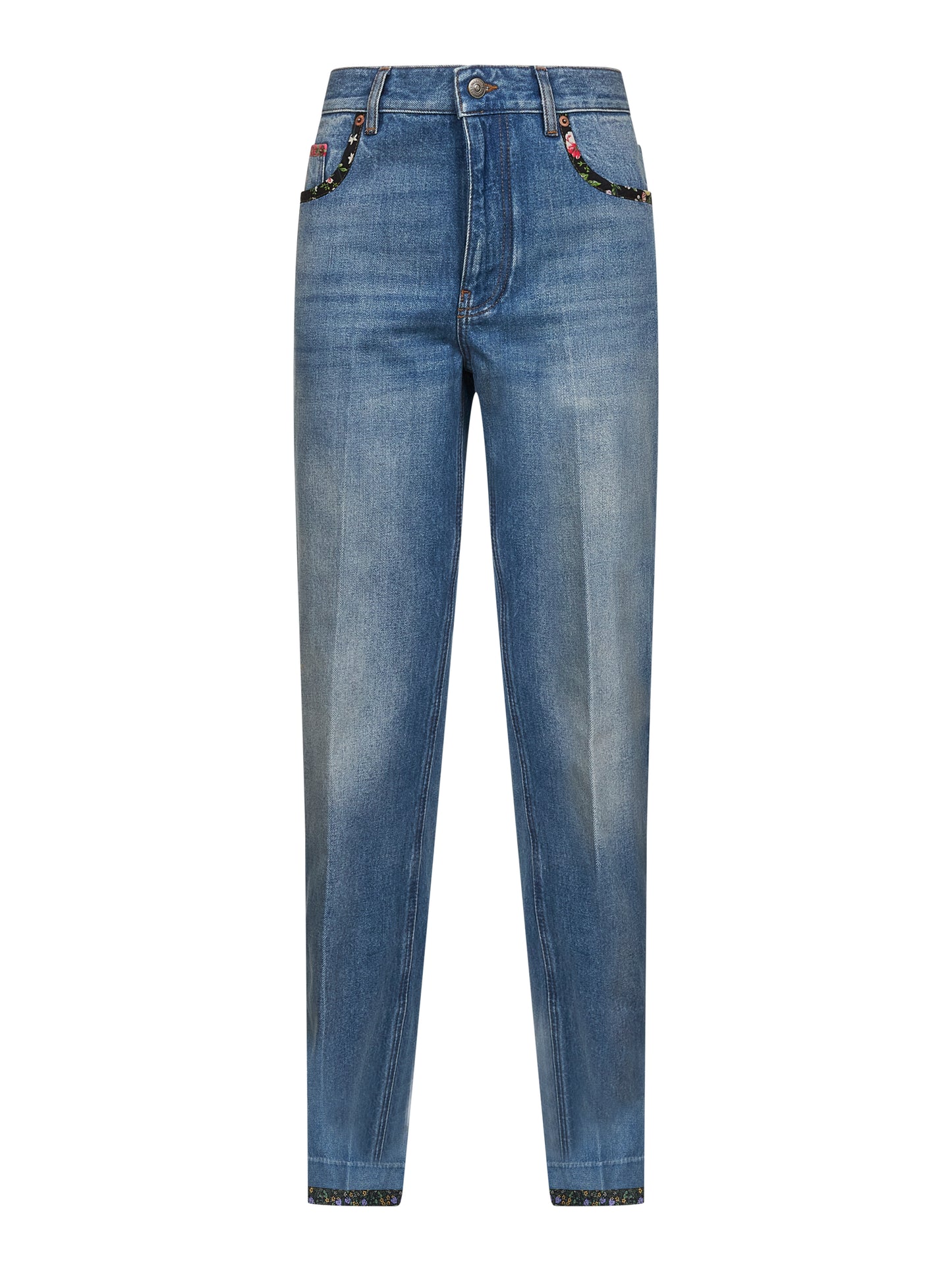 Jeans in denim blu con bordi stampa floreale