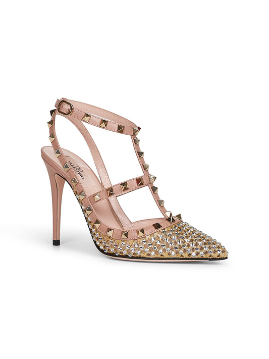 Leather and rhinestones mesh Rockstud slingback pumps
