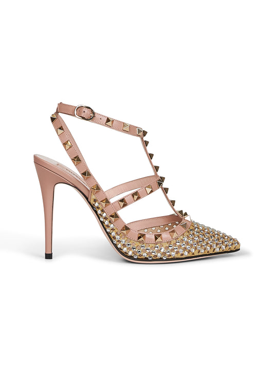 Leather and rhinestones mesh Rockstud slingback pumps