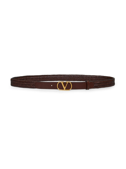 Brown woven leather VLogo Signature belt
