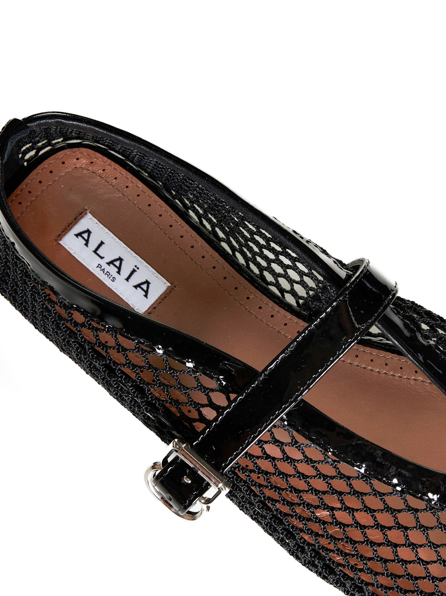 Patent leather-trimmed mesh ballet flats