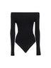 Black ribbed knit off-the-shoulder bodysuit