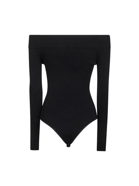 Black ribbed knit off-the-shoulder bodysuit