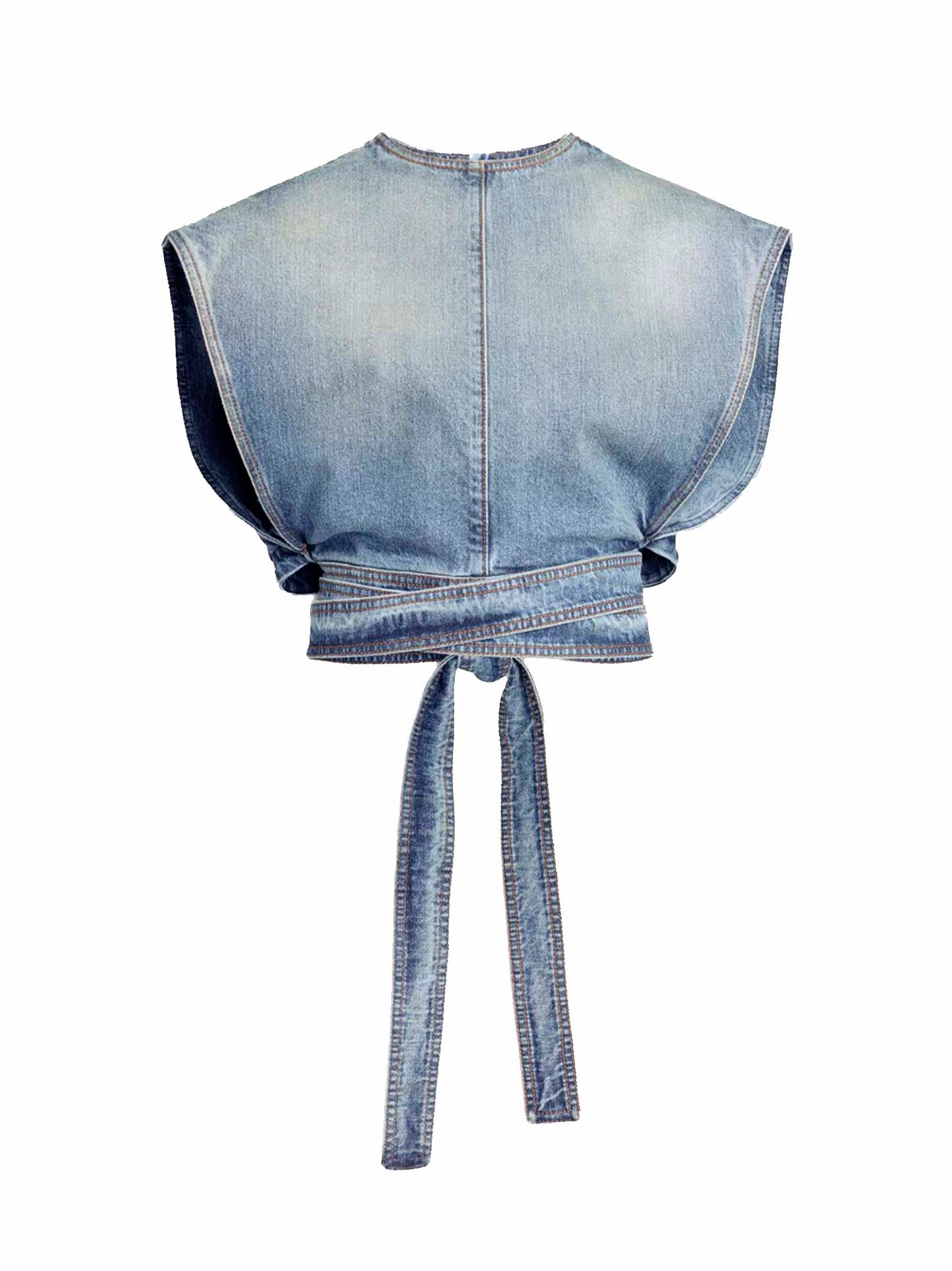 Faded blue washed raw denim belted top