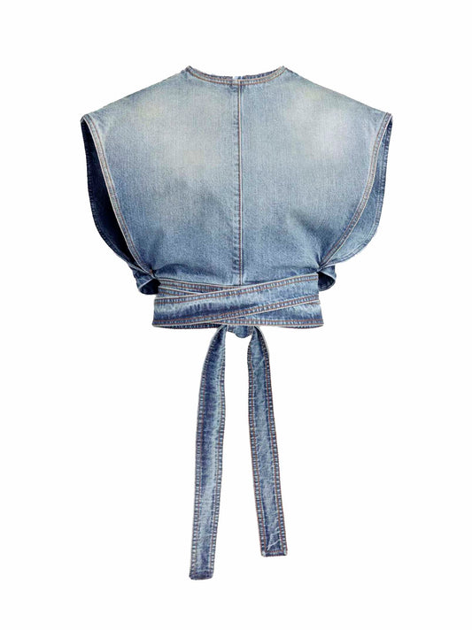 Faded blue washed raw denim belted top