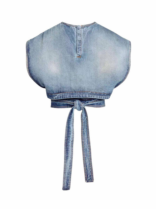 Faded blue washed raw denim belted top