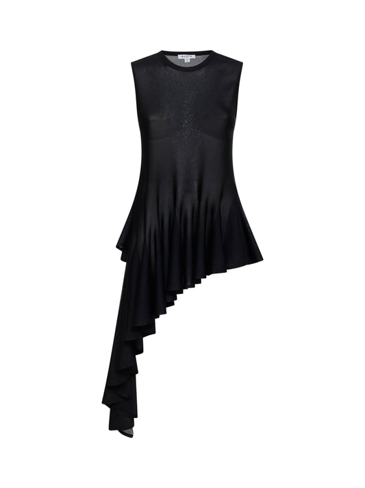 Black viscose knit asymmetric godet top