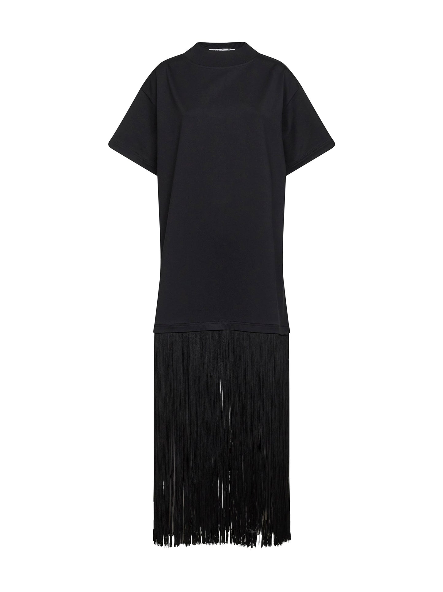 Black cotton jersey T-shirt-style fringed dress