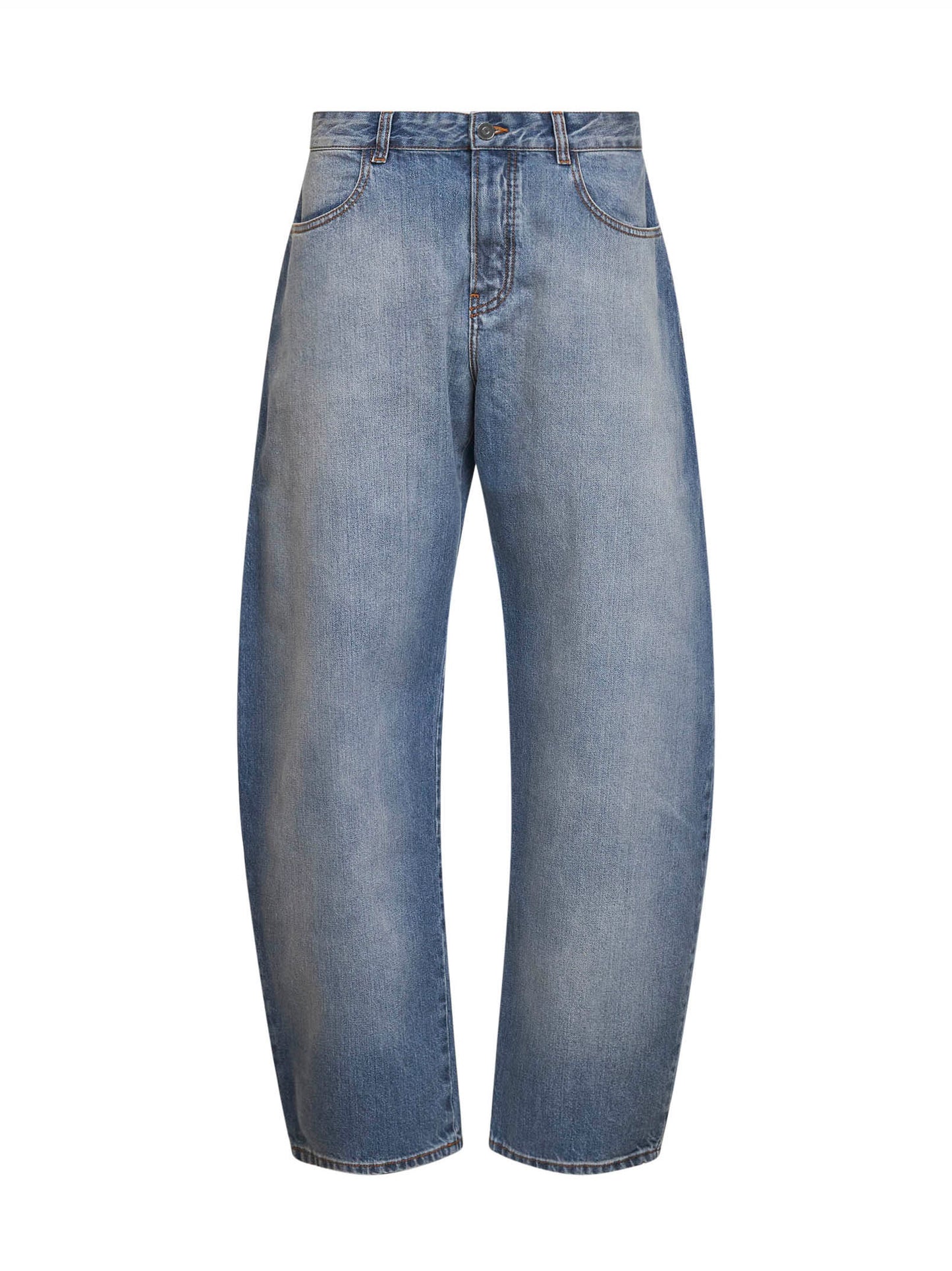 Faded blue washed raw denim low-rise round jeans