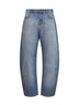Faded blue washed raw denim low-rise round jeans