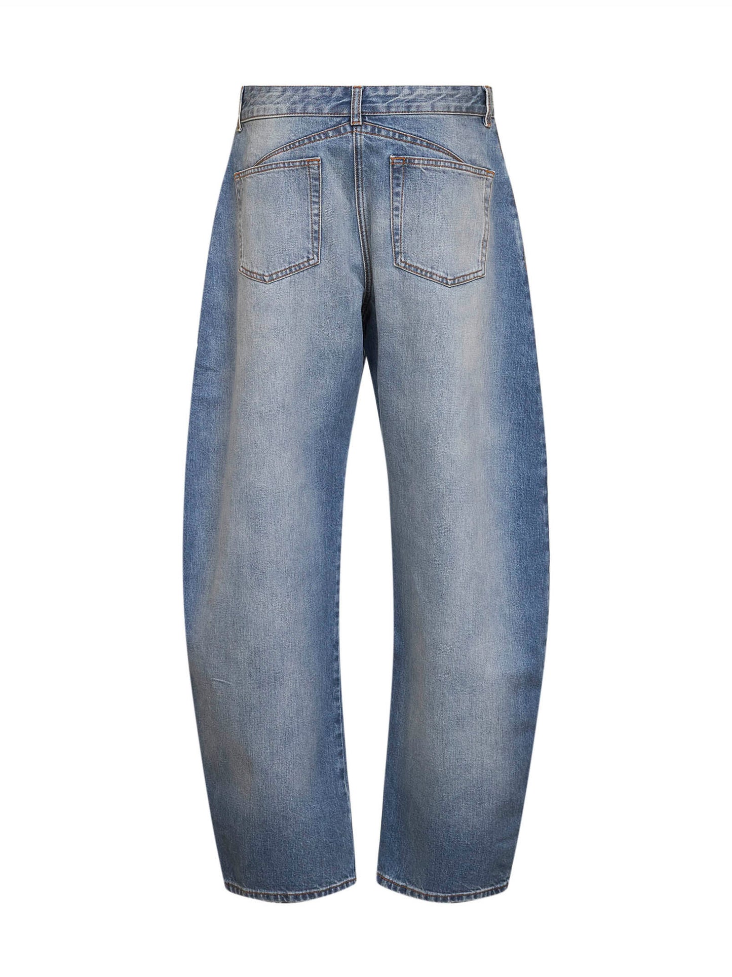 Faded blue washed raw denim low-rise round jeans