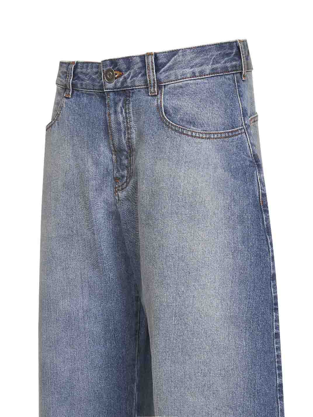 Faded blue washed raw denim low-rise round jeans