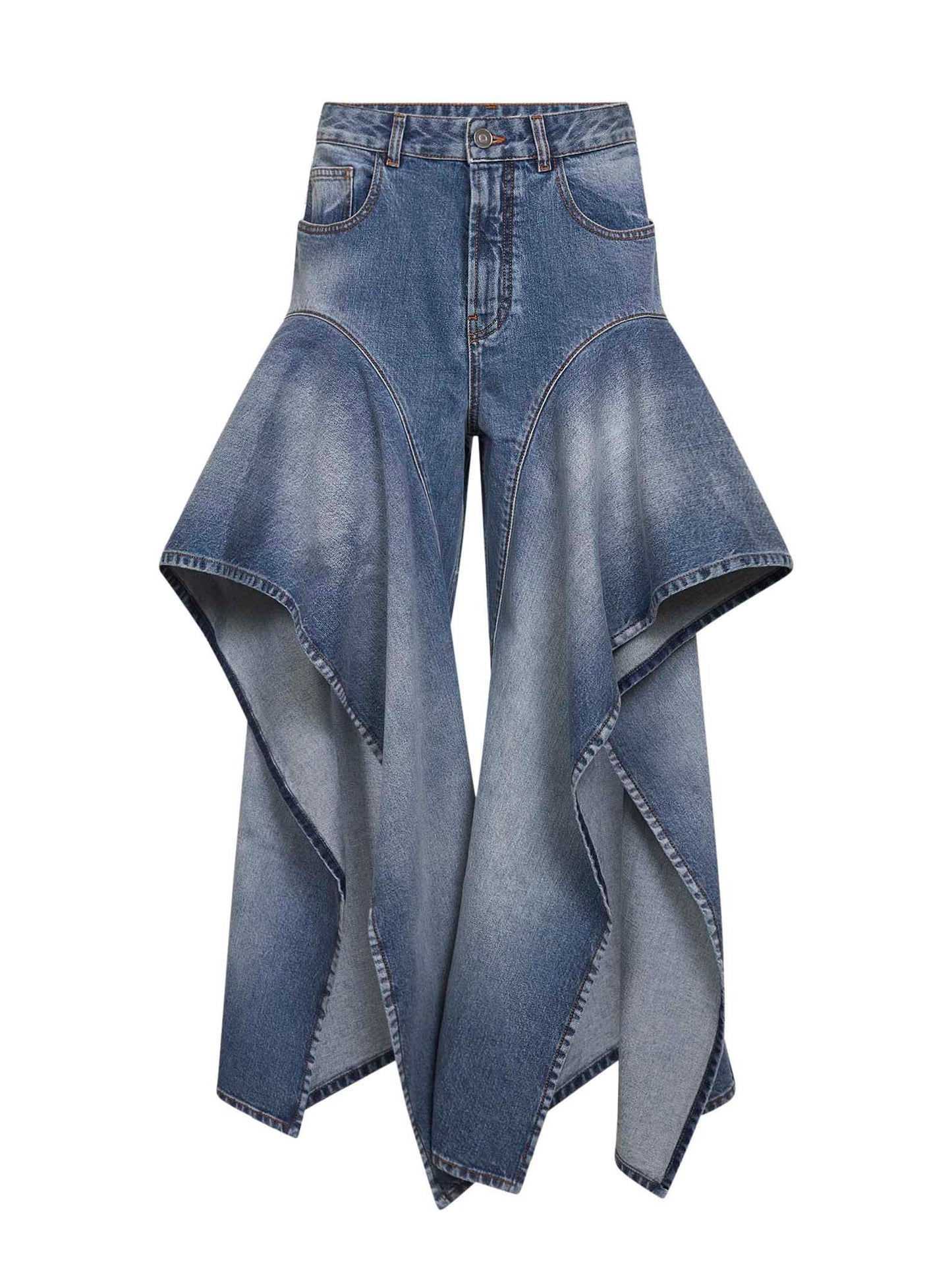 Jeans con ruche in denim grezzo délavé blu sbiadito