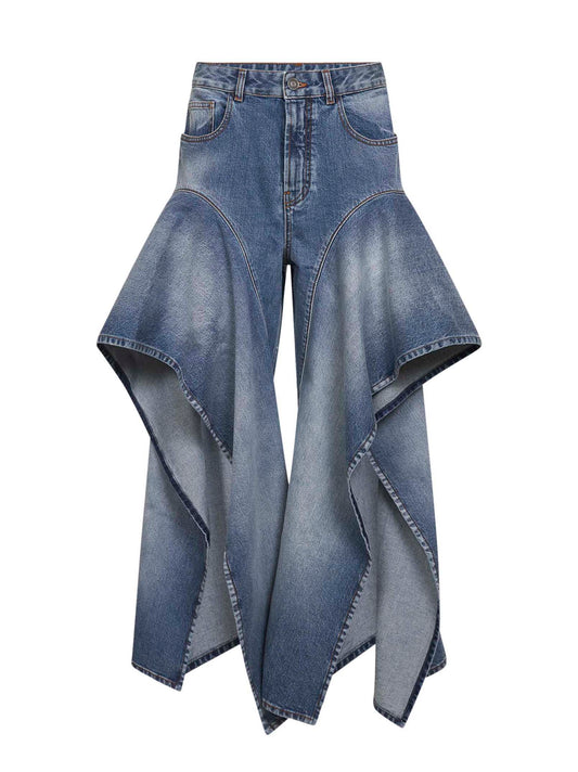 Faded blue washed raw denim ruffle jeans