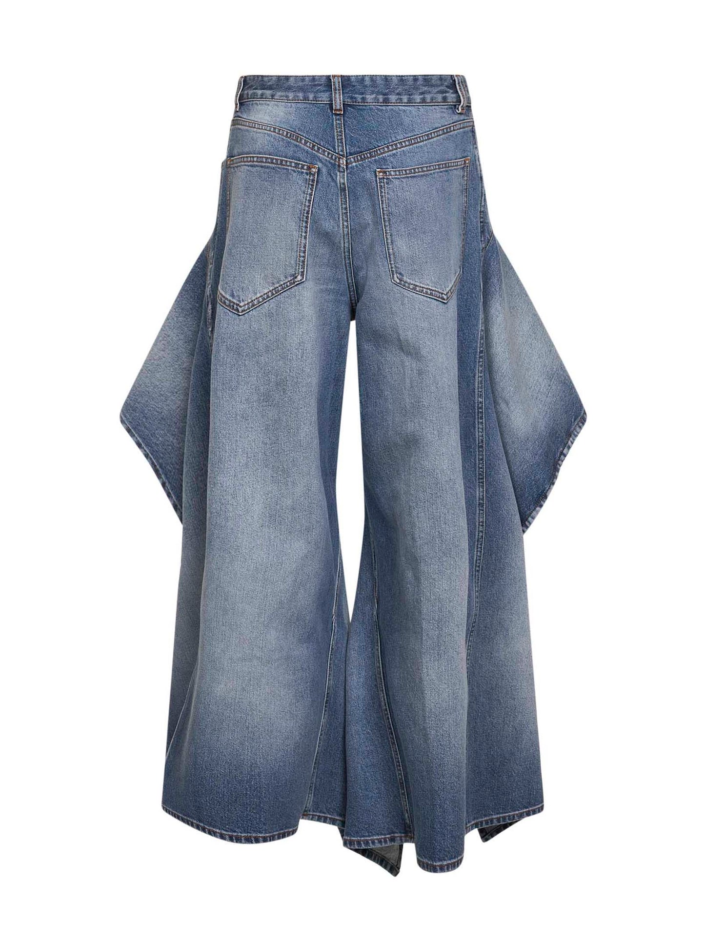 Jeans con ruche in denim grezzo délavé blu sbiadito