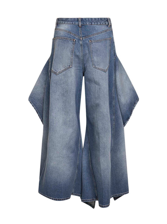 Faded blue washed raw denim ruffle jeans
