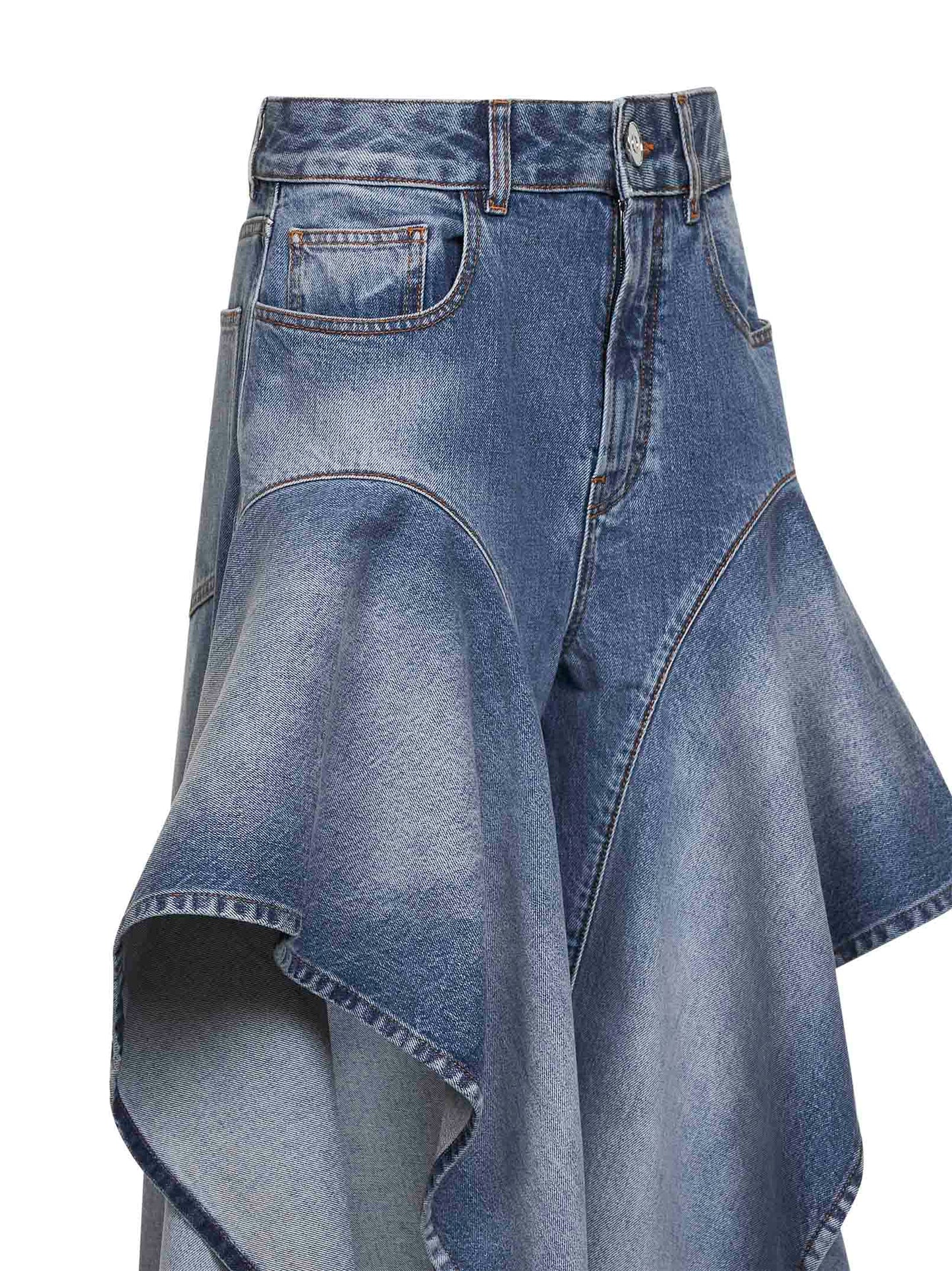 Jeans con ruche in denim grezzo délavé blu sbiadito