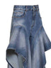 Jeans con ruche in denim grezzo délavé blu sbiadito