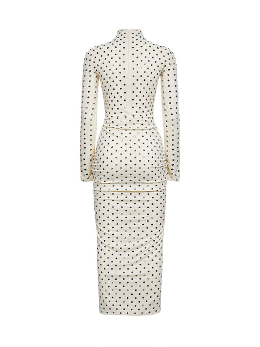 Abito lungo in jersey drappeggiato avorio con strass