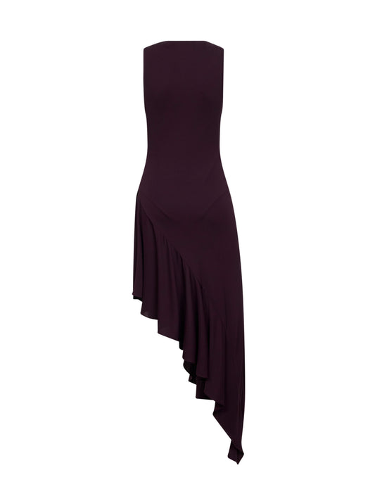 Burgundy fluid jersey asymmetric dress
