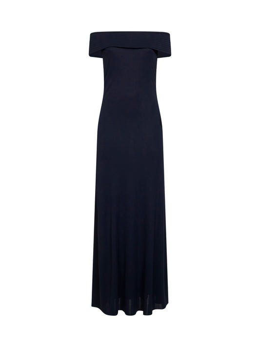Blue fluid jersey off-the-shoulders long dress