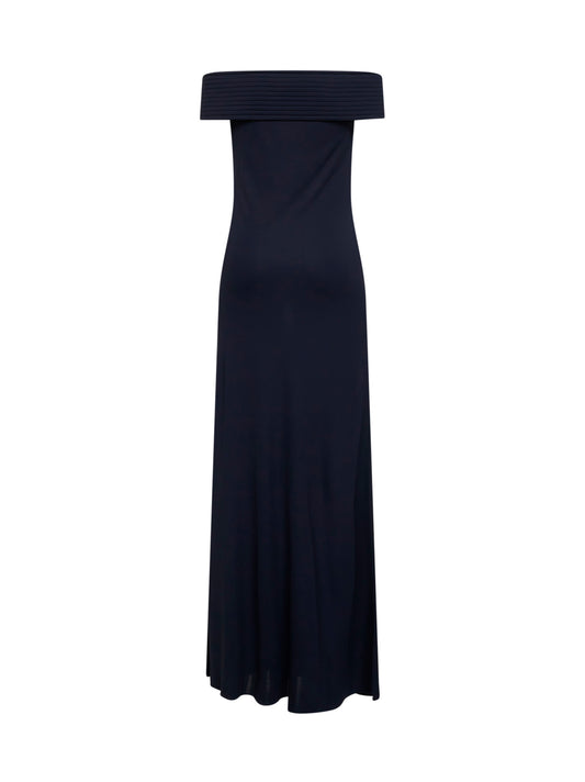 Blue fluid jersey off-the-shoulders long dress