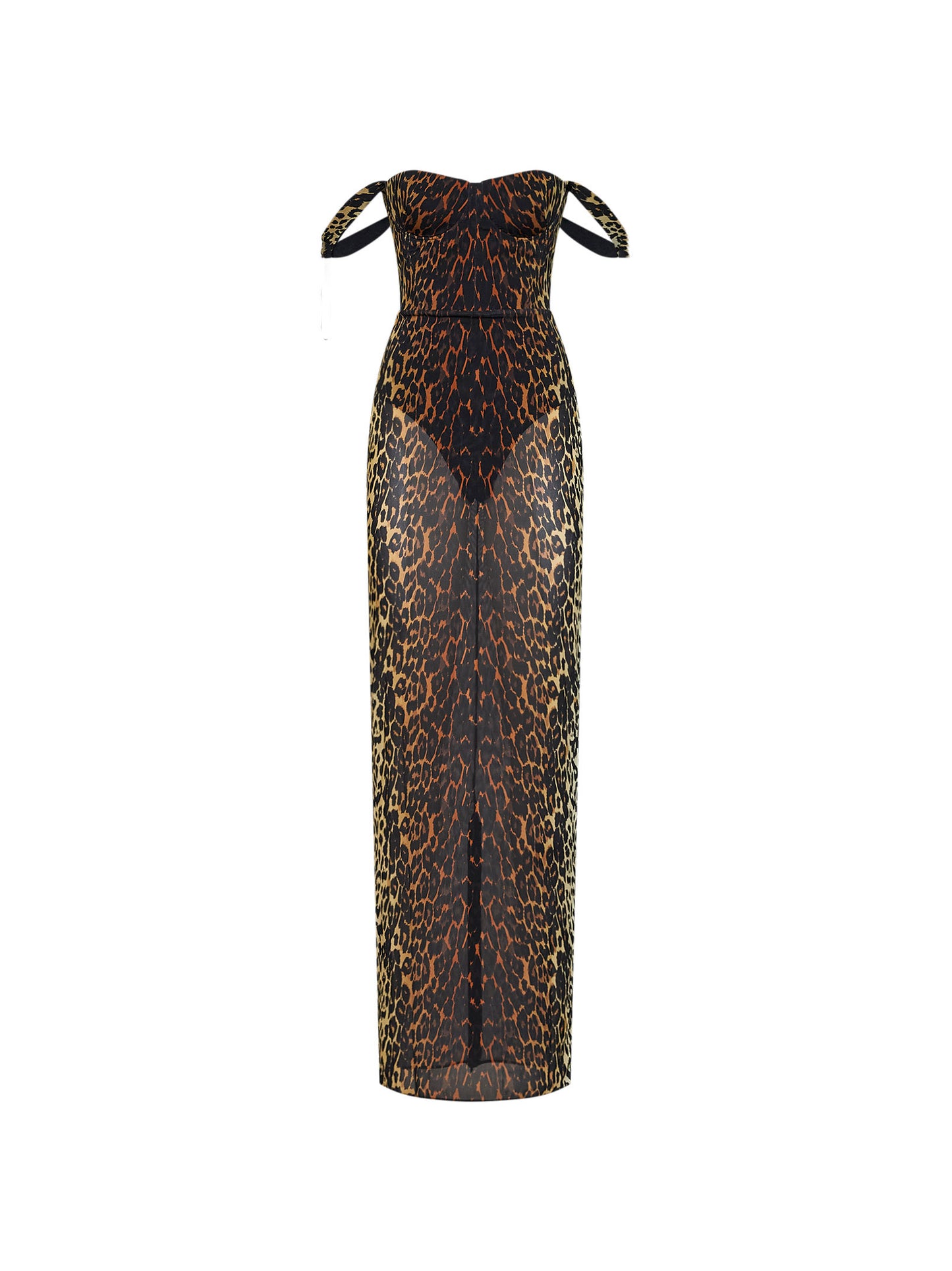 Abito lungo a colonna in mesh stretch stampa leopardo