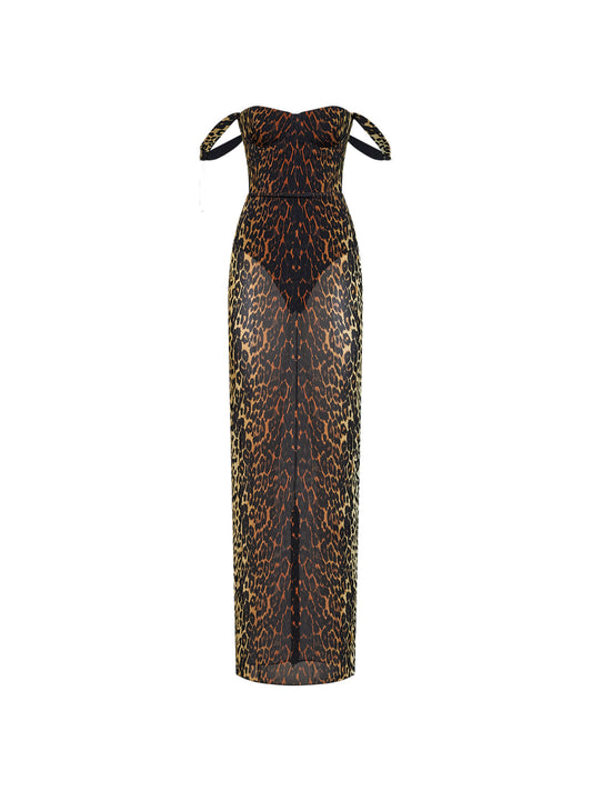Leopard-print stretch mesh long column dress