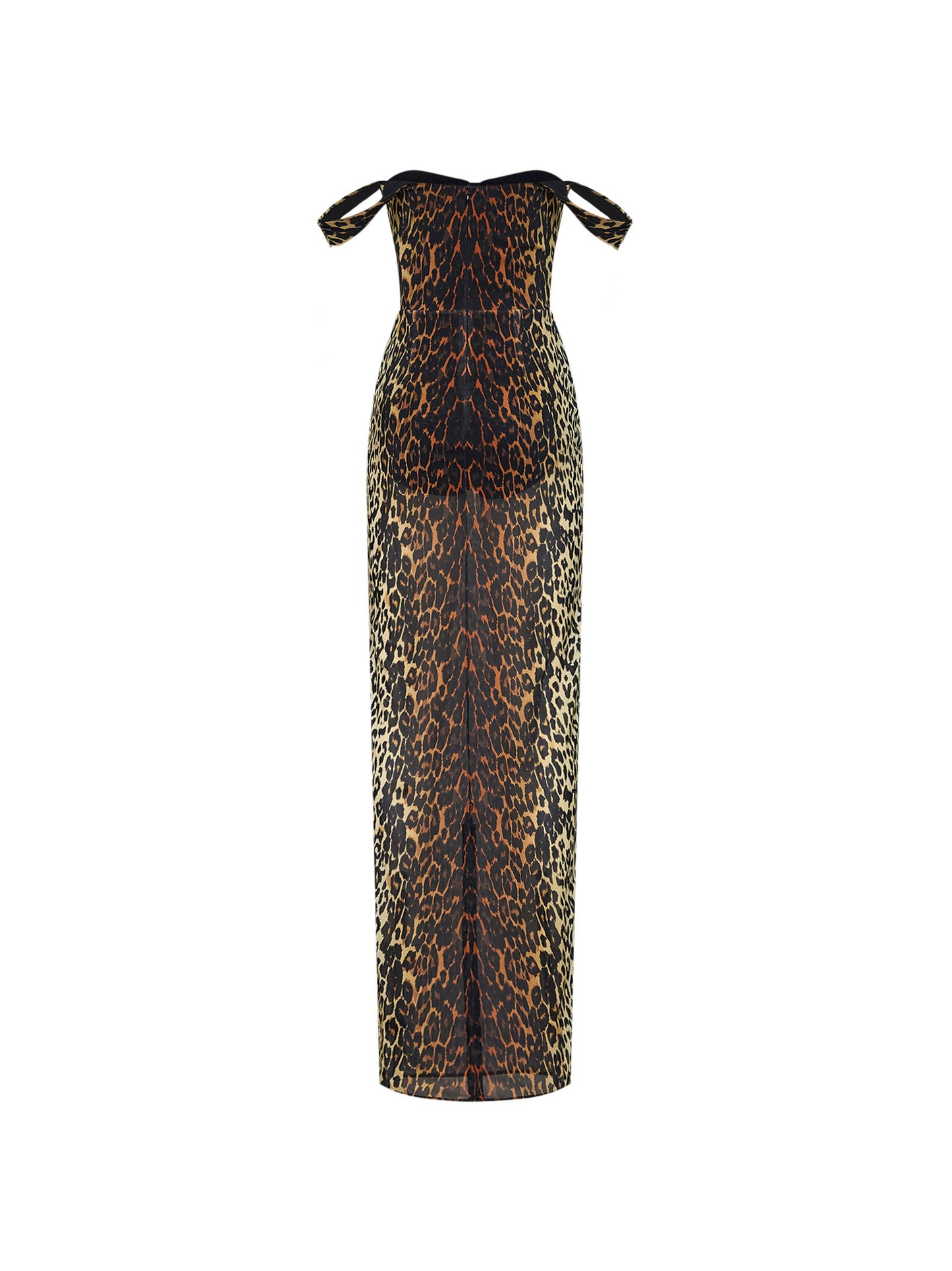 Abito lungo a colonna in mesh stretch stampa leopardo