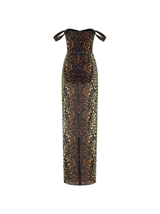 Leopard-print stretch mesh long column dress