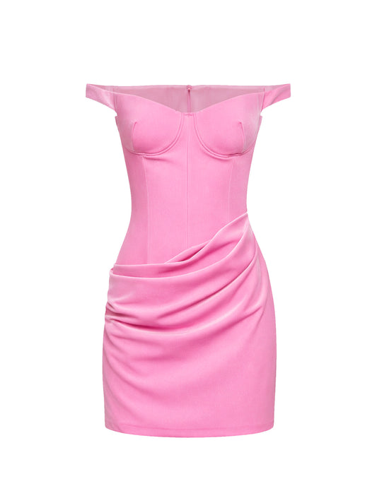 Miniabito drappeggiato con spalle scoperte in velluto peonia<BR/>