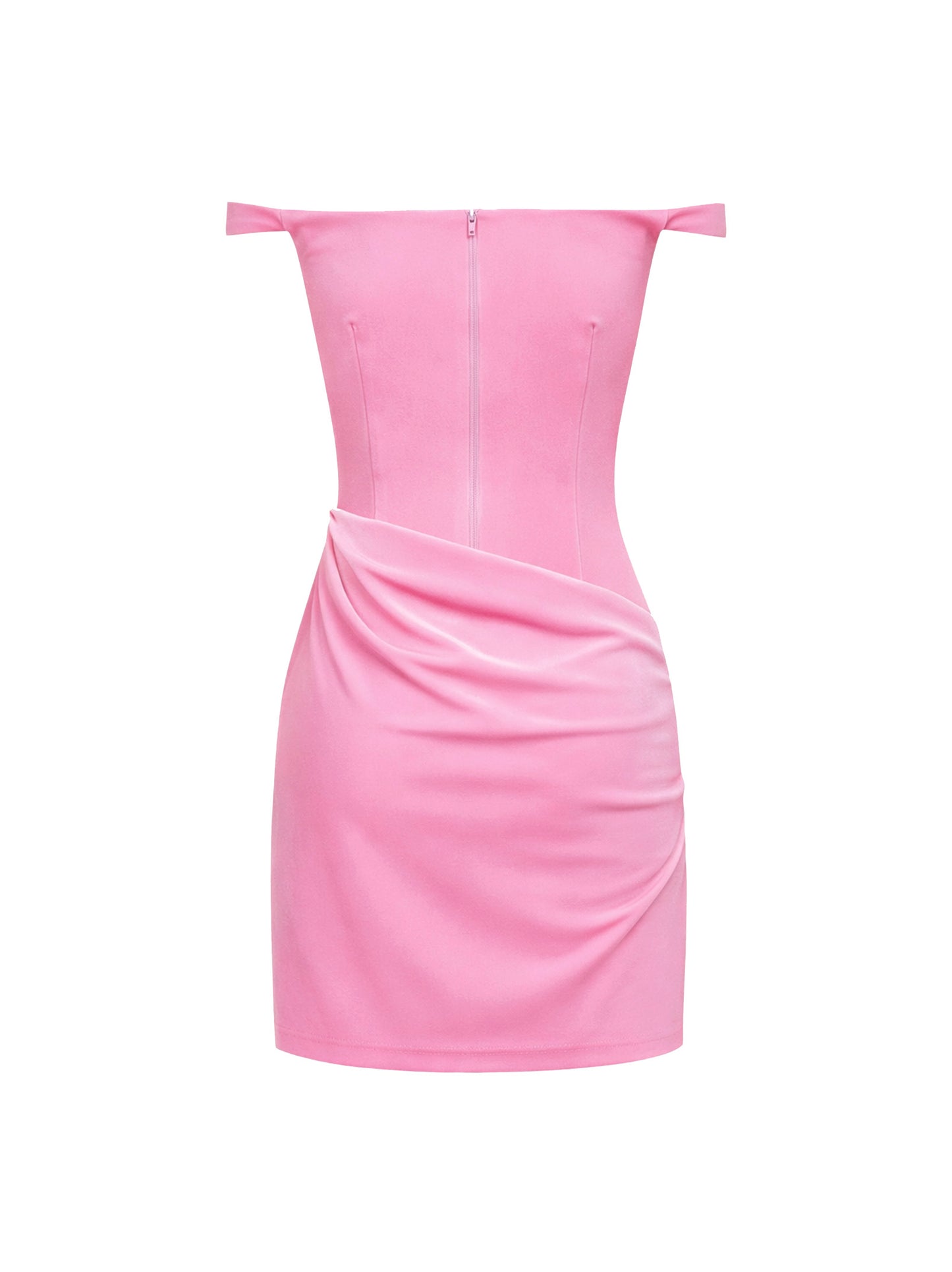 Miniabito drappeggiato con spalle scoperte in velluto peonia<BR/>