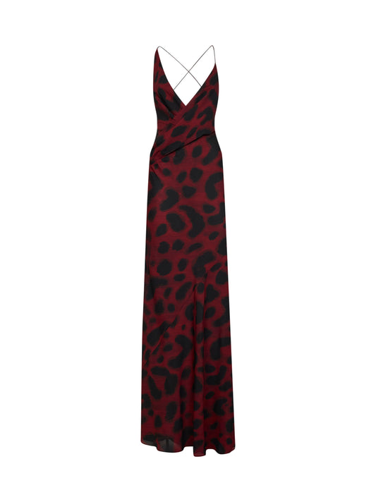 Abito lungo asimmetrico in georgette di seta porto e nero stampa animalier
