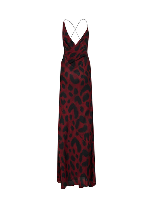 Abito lungo asimmetrico in georgette di seta porto e nero stampa animalier