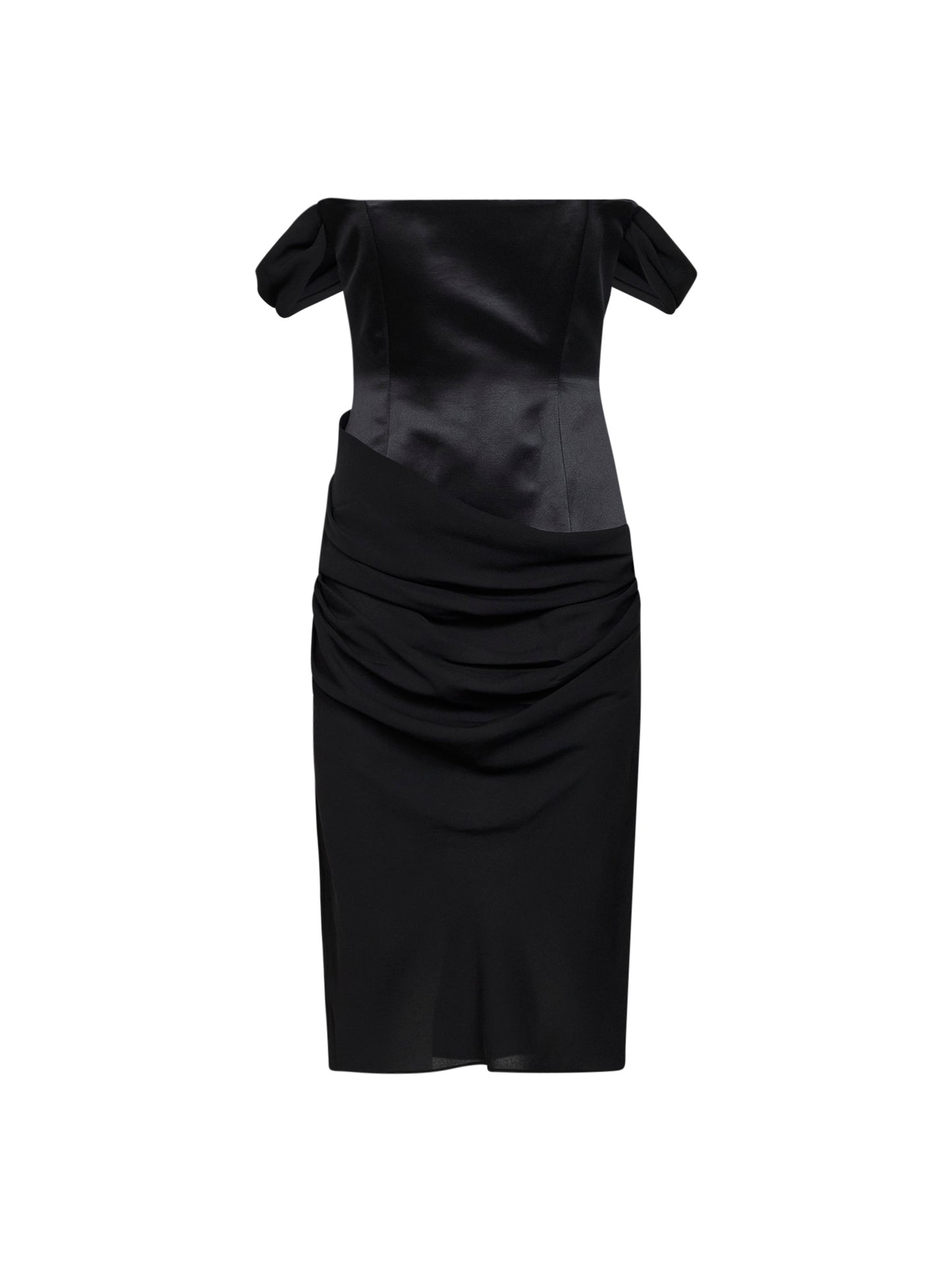 Abito midi con spalle scoperte in raso duchesse e georgette di seta nero