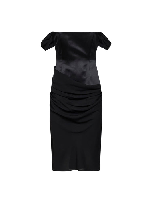 Black duchesse satin and silk georgette fff-the-shoulder midi dress