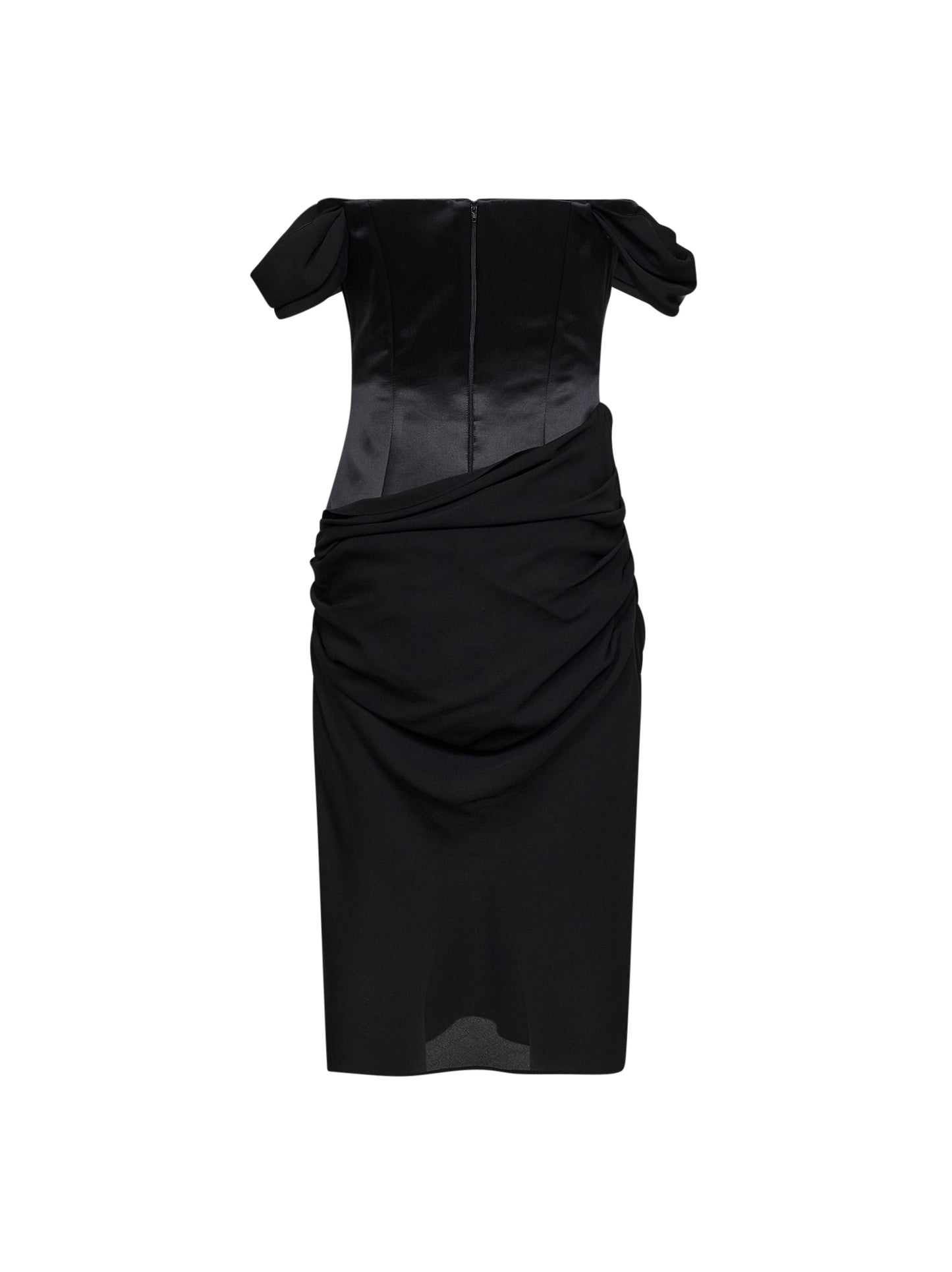 Abito midi con spalle scoperte in raso duchesse e georgette di seta nero