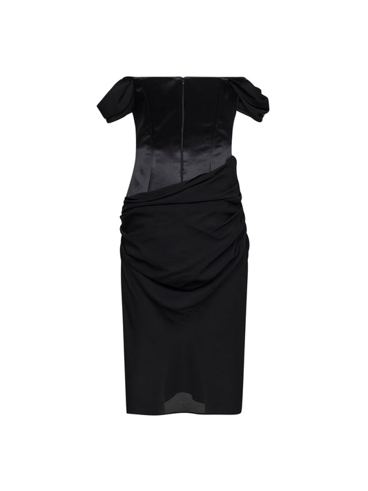 Black duchesse satin and silk georgette fff-the-shoulder midi dress