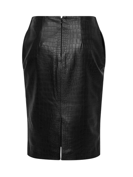 Gonna a tubino in nappa goffrata coccodrillo nera