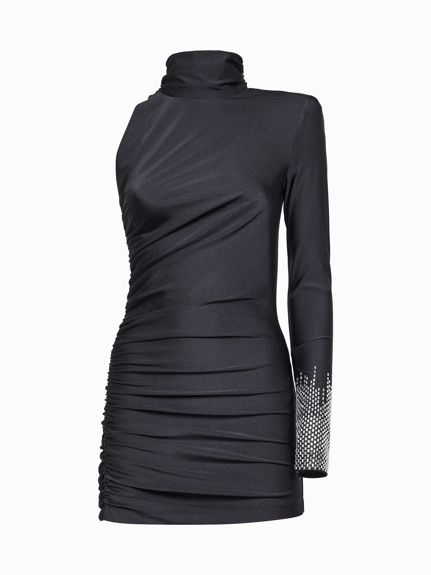 Black lycra hotfixed one-shoulder minidress