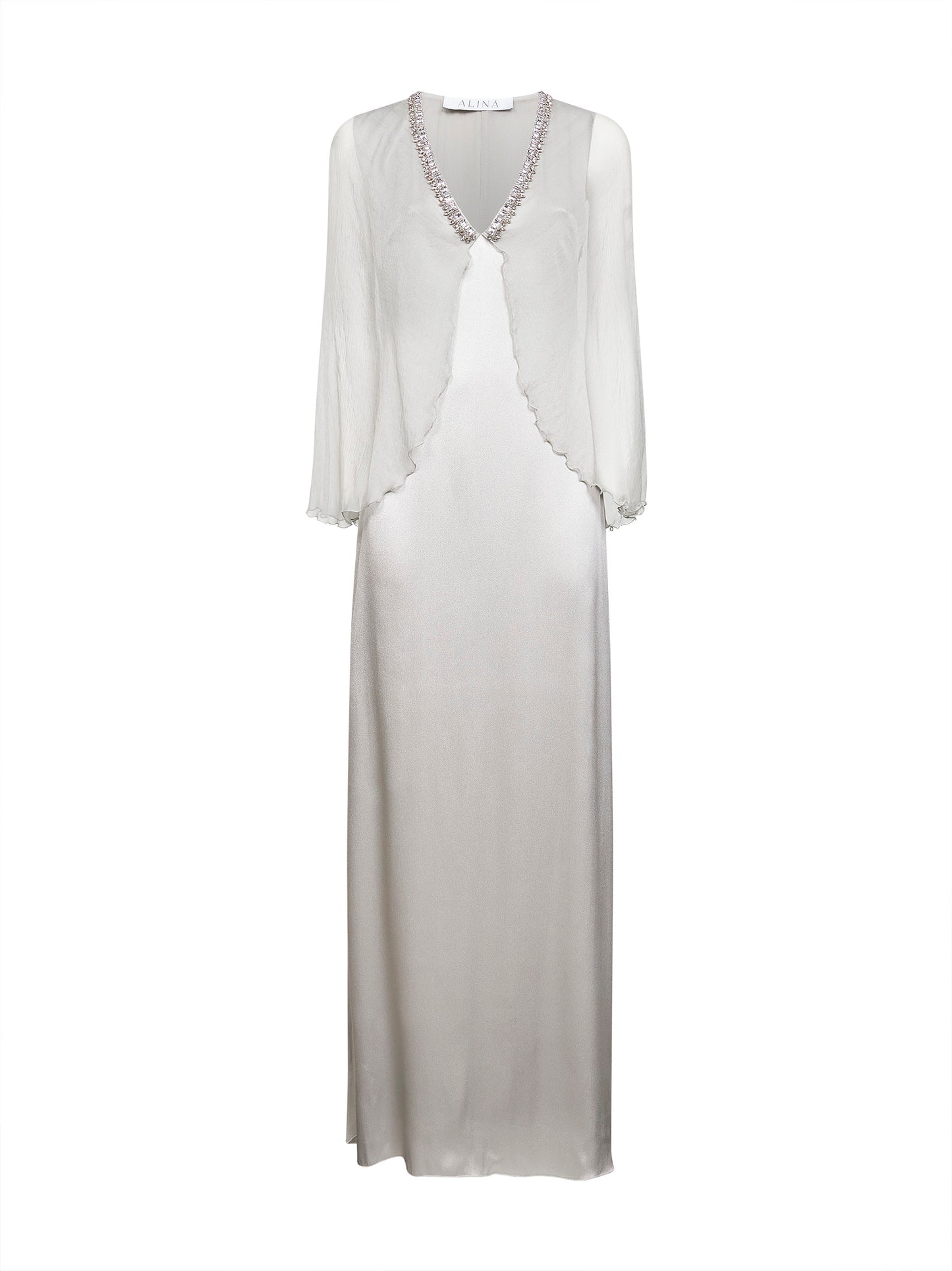 Abito lungo in raso grigio perla con mantella in chiffon