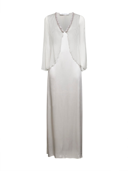 Abito lungo in raso grigio perla con mantella in chiffon