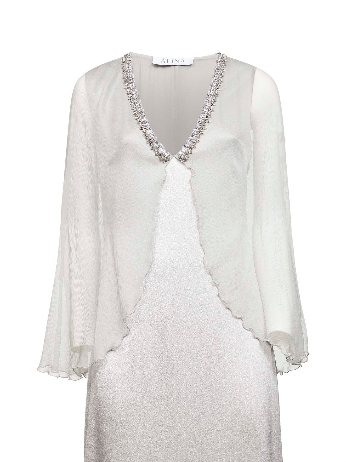 Abito lungo in raso grigio perla con mantella in chiffon