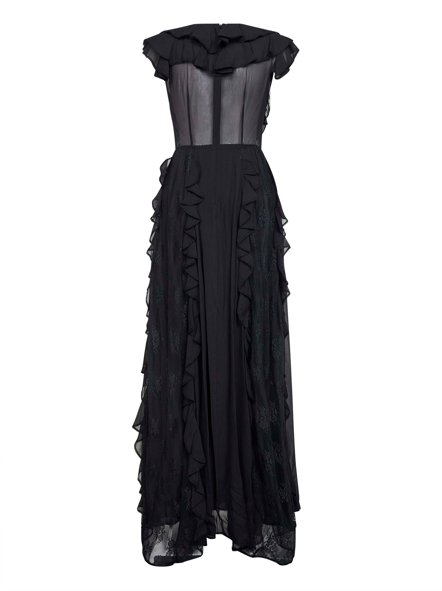 Black georgette long dress with lace inserts