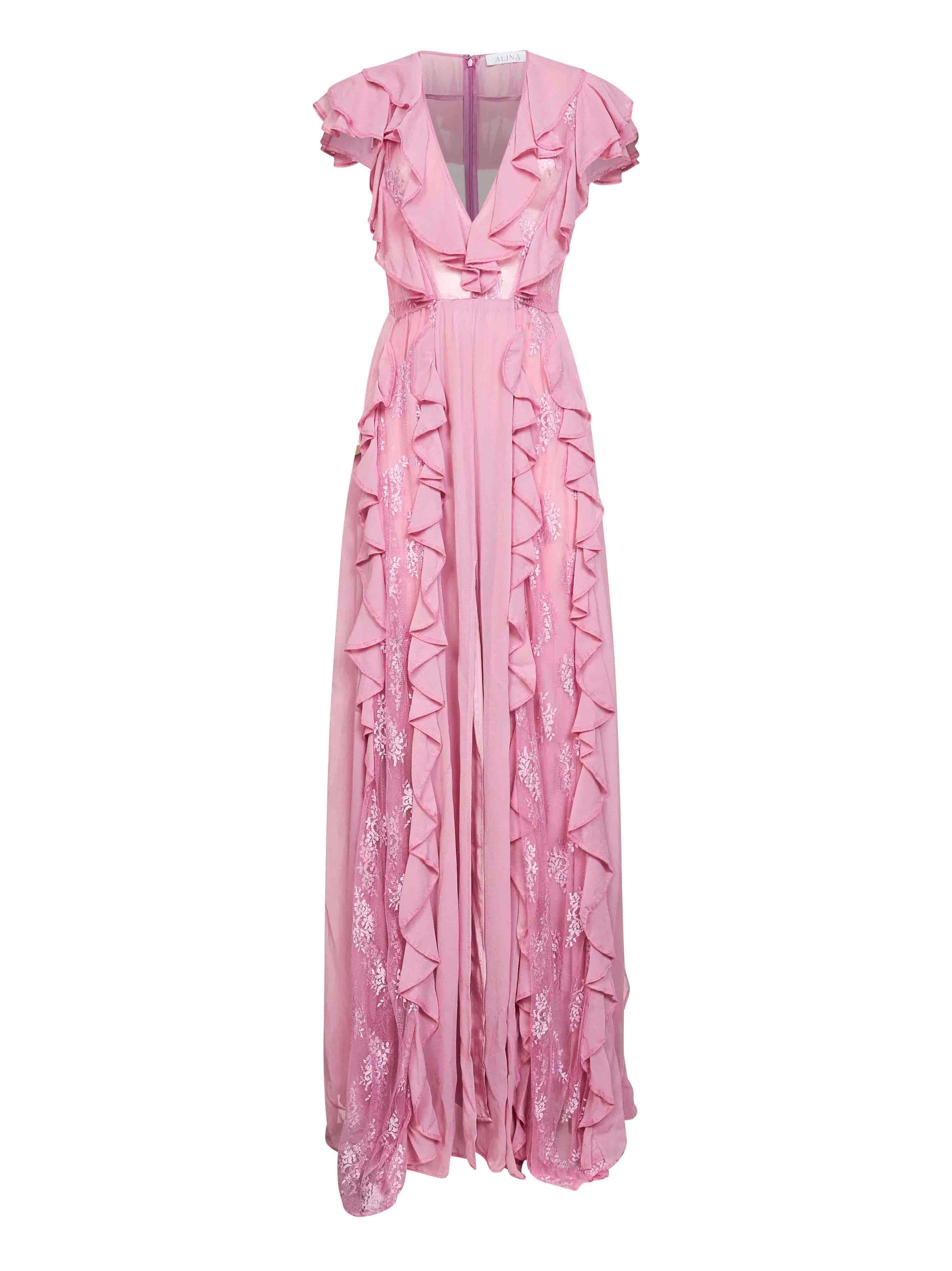 Pink georgette long dress with lace inserts – Daniello.com