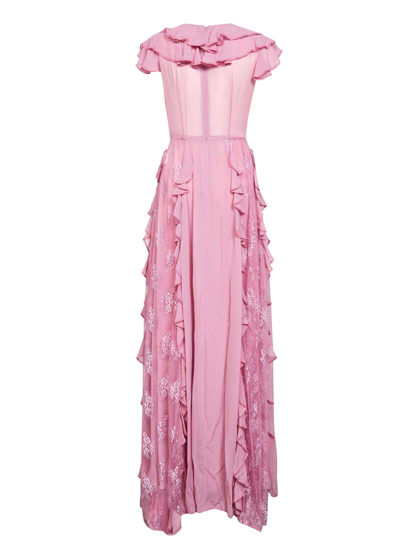 Abito lungo in georgette rosa con inserti in pizzo