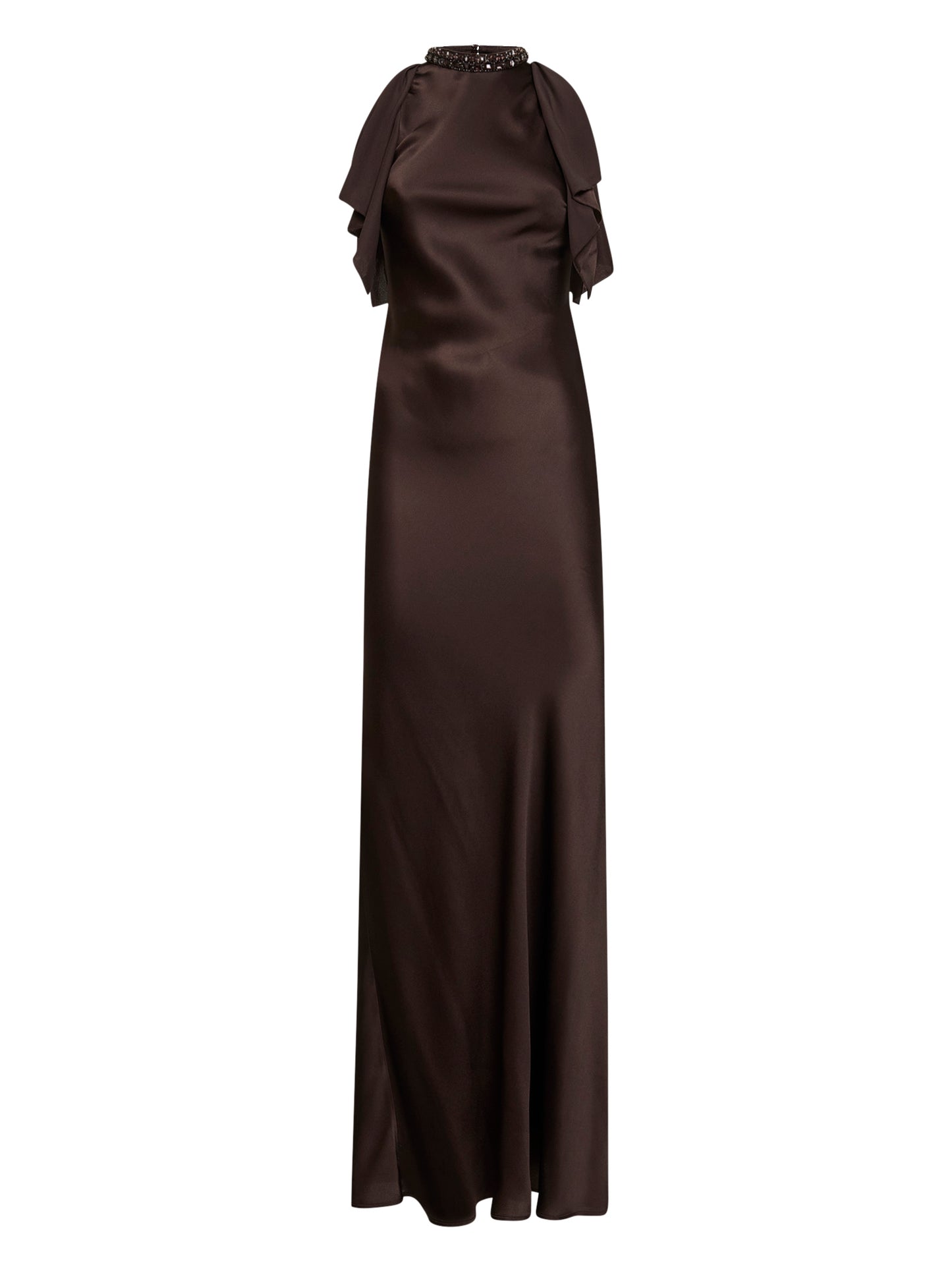 Abito lungo in raso marrone scuro con cristalli
