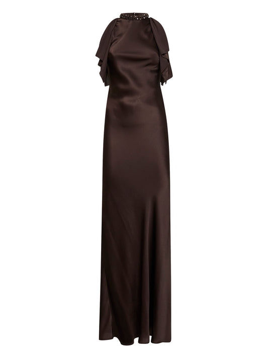 Abito lungo in raso marrone scuro con cristalli