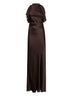 Abito lungo in raso marrone scuro con cristalli