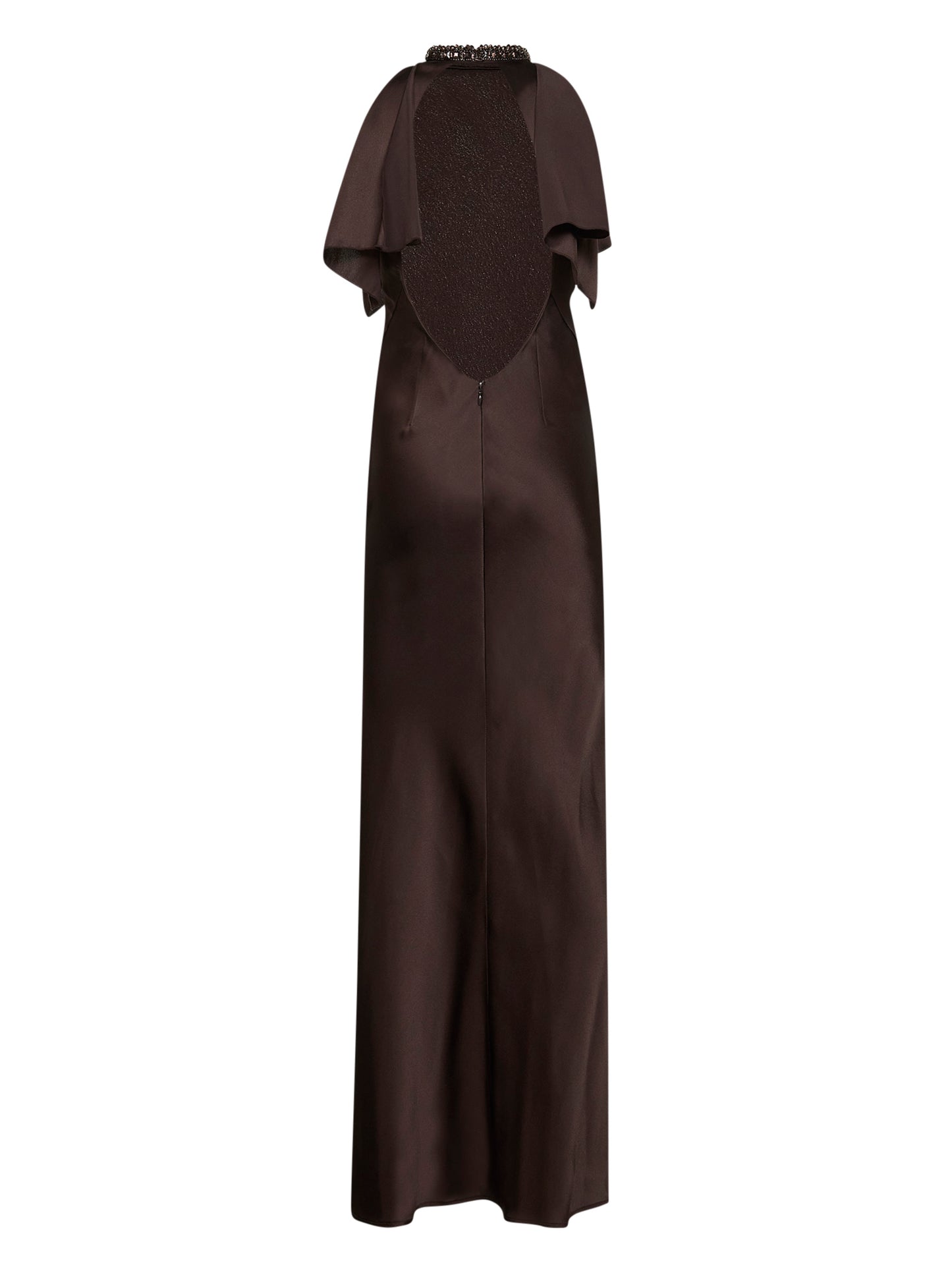 Abito lungo in raso marrone scuro con cristalli